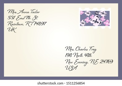 set of flower postage stamps next to empty envelope isolated on violet background 