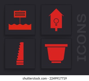 Set Flower pot, Blank wooden sign board, Retro wall watch and Garden saw icon. Vector svg