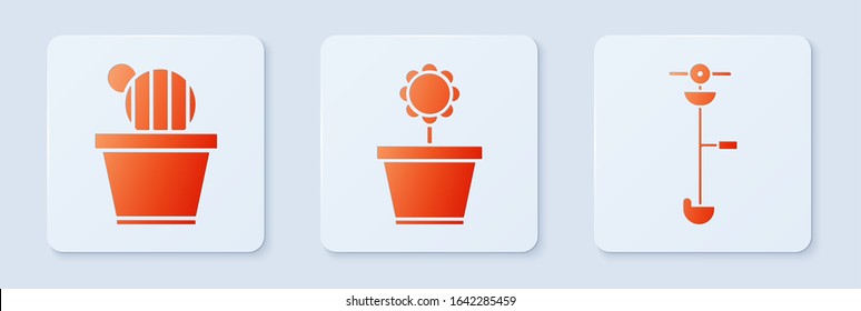 Set Flower in pot, Cactus and succulent in pot and Grass and weed electric string trimmer. White square button. Vector