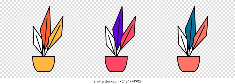 Set of flower in a pot in cartoon style. House plant in flat style. Vector outline icon plant on a transparent background.