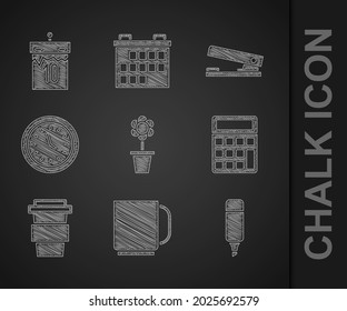 Set Flower in pot, Coffee cup, Marker pen, Calculator, go, Clock, Office stapler and Calendar icon. Vector