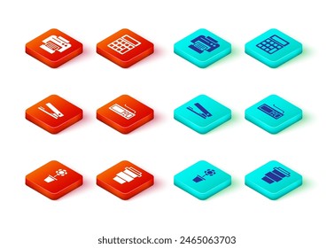 Set Flower in pot, Coffee cup to go, Office stapler, Keyboard, Calculator and Printer icon. Vector