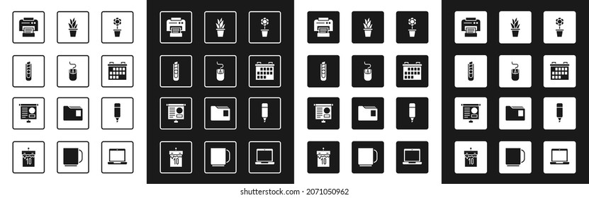 Set Flower in pot, Computer mouse, Stationery knife, Printer, Calendar, Plant, Marker pen and Chalkboard with diagram icon. Vector