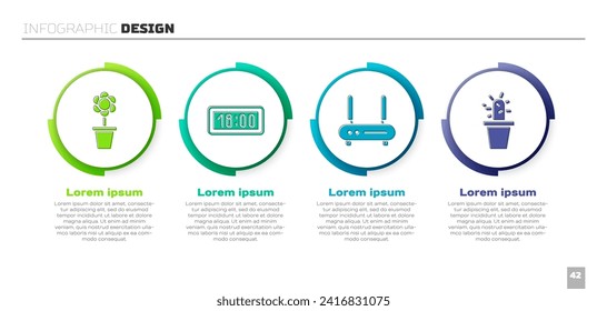 Set Flower in pot, Digital alarm clock, Router and wi-fi signal and Cactus and succulent in pot. Business infographic template. Vector