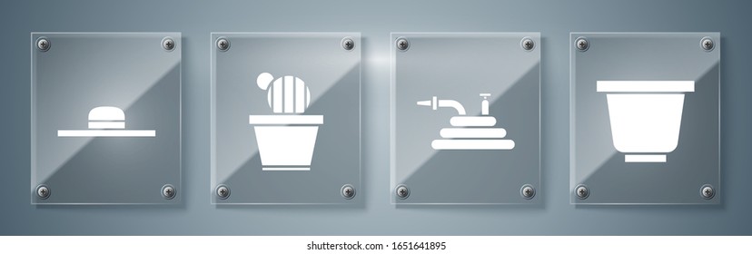 Set Flower pot, Garden hose or fire hose, Cactus and succulent in pot and Worker hat. Square glass panels. Vector