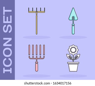 Set Flower in pot, Garden rake, Garden rake in work and Garden trowel spade or shovel icon. Vector