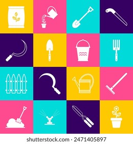 Set Flower in pot, Garden rake, fork, shovel, trowel spade, Sickle, Fertilizer bag and Bucket icon. Vector