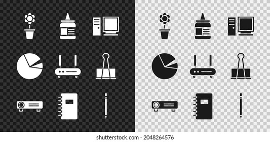Set Flower in pot, Glue, Computer monitor, Movie, film, media projector, Spiral notebook, Pencil with eraser, Pie chart infographic and Router and wi-fi signal icon. Vector - Powered by Shutterstock - Get 15% off with code: PIKWIZARD15