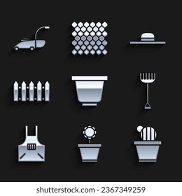 Set Flower pot, in, Cactus and succulent, Garden rake, Kitchen apron, fence wooden, Worker hat and Lawn mower icon. Vector