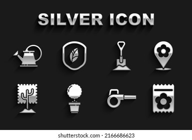 Fijar Flor en la olla, Ubicación con flor, Envase lleno de semillas de planta, Flor de jardín de hojas, Árbol, Cubrir el suelo, Agua y Escudo icono de hoja. Vector