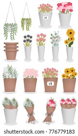 Set of flower pot and plants. Vector illustration.