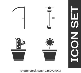 Set Flower in pot, Scythe, Cactus and succulent in pot and Grass and weed electric string trimmer icon. Vector
