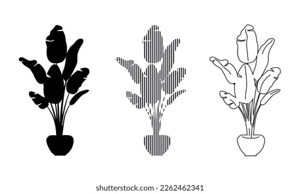 Set of flower in a pot silhouettes. Black silhouette, striped silhouette, line. 
