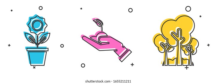 Set Flower in pot, Sprout in hand of environmental protection and Trees icon. Vector