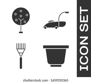 Coloque el icono de la olla de flor, el árbol, el rastrillo de jardín y la cortadora de césped. Vector
