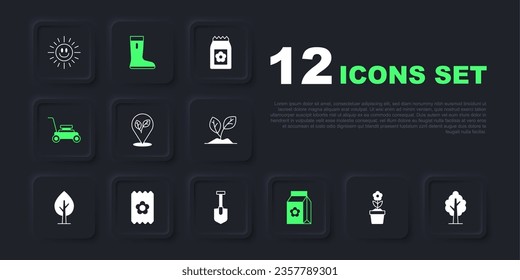 Set Flower in pot, Tree, Location with leaf, Pack full of seeds, Lawn mower, Waterproof rubber boot and Shovel icon. Vector