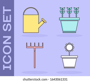 Set Flower in pot, Watering can, Garden rake and Plants in pot icon. Vector