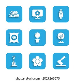 Set Flower in pot, Wooden axe, Tree, Shovel the ground, Pack full of seeds of plant, Corn and logs icon. Vector