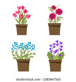 Set of flower pots, bouquet, green plants, ceramic dishes, flat style, vector illustration