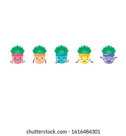 Set of flower pots with different emotions. Character of the face on the pot. Bright colorful decorative cartoon pots.