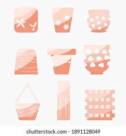 A set of flower pots of different shapes and sizes. Isolated elements on a white background