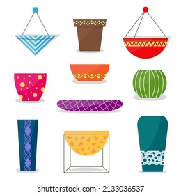 A set of flower pots of different shapes and colors, flower pots with a pattern for decorating the interior of a room or garden. Urban Jungle