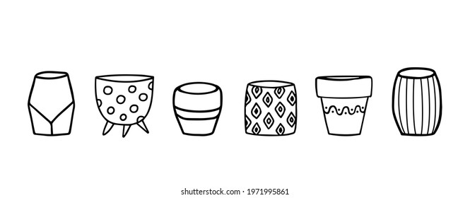 Set of flower pots, garden and interior objects outline vector sketch. Collection of hand drawn vintage plant pots and vases