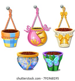 Set of flower pots hanging on the rope isolated on white background. Vector cartoon close-up illustration.