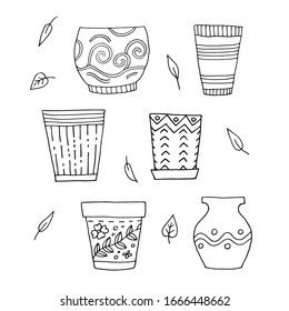 Set of flower pots for indoor plants. Circuit. Doodle illustration. Monochrome. Leaves. Freehand drawing