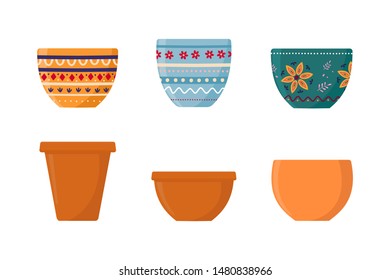 Set of flower pots isolated on white background. Vector illustration