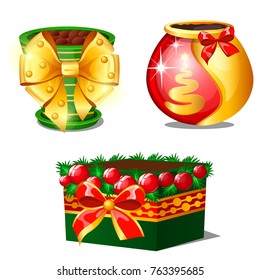 A set of flower pots isolated on a white background. Idea of handmade gift. Sketch of Christmas festive poster, party invitation, other holiday card. Vector cartoon close-up illustration.