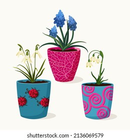  Set  of flower pots with muscari flowers; and the snowdrop flowers. Vector  isolated elements.  Illustration for background, textile, poster, scrapbooking, set of stickers, greeting cards.