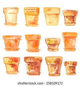 Set of flower pots painted with watercolors. Vector. Colored pattern on the paper by hand.