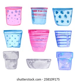 Set of flower pots painted with watercolors. Vector. Colored pattern on the paper by hand. Color, pink, blue