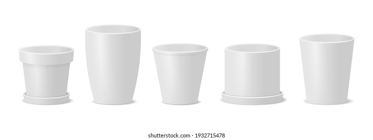 Set of flower pots. Realistic vector empty flower pot. White ceramic flower pots.