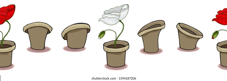 Set with flower pots and roses. Vector illustration with pots in realistic style on a white background. Seamless horizontal border with white and red roses and clay pots.pots.