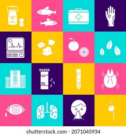 Set Flower producing pollen, Parasite mite, Sesame seeds, First aid kit, Dust, Monitor with cardiogram, Can container for milk and Orange fruit icon. Vector