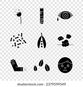 Set Flower producing pollen, Test tube and flask, Reddish eye allergic conjunctivitis, Inhaler, Sesame seeds, Man with excessive sweating, Medicine pill or tablet and Kidney beans icon. Vector