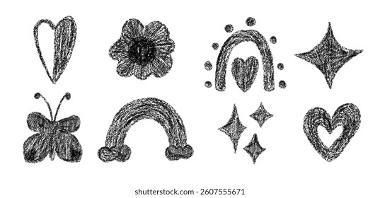 Set of flower and rainbow drawing with black charcoal effect