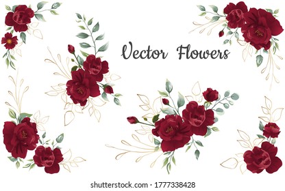 Set of Flower red rose, green leaves. Floral poster, invite. Vector arrangements for greeting card or invitation design background
