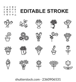 Set of Flower  Related Vector Line Icons. Includes such Icons as flowers roses, Butterfly, present and more.