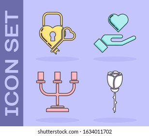 Set Flower rose, Castle in the shape of a heart and key, Candlestick and Heart on hand icon. Vector