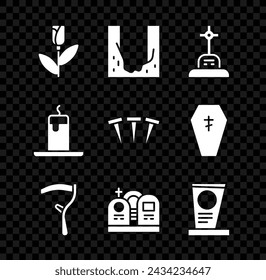 Set Flower rose, Cemetery digged grave hole, Grave with cross, Scythe, tombstone, Burning candle and Metallic nails icon. Vector