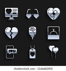 Set Flower rose, Heart tag, Balloons in form of heart, Diamond engagement ring, Mobile with, Broken, Healed broken and Dating app online icon. Vector
