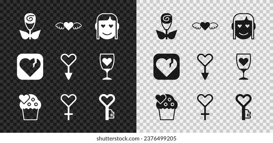 Set Flower rose, Heart with wings, Romantic girl, Wedding cake (torta de bodas), símbolo de género femenino, Forma de corazón clave, Broken o divorcio e ícono. Vector