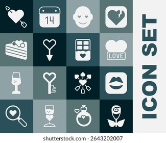 Set Flower rose, Smiling lips, Heart, Romantic man, Female gender symbol, Wedding cake, Amour with heart and arrow and Chocolate bar icon. Vector