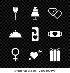 Set Flower rose, Wedding cake with heart, Two Linked Hearts, Female gender symbol, Amour and arrow, Gift box, Covered tray of food and Please do not disturb icon. Vector