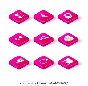 Set Flower rose, Wedding rings, Heart shape flower, Gender, speech bubble and with wings icon. Vector