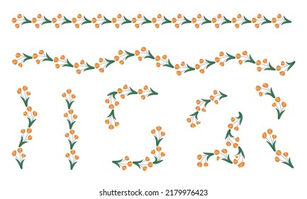 Eine Reihe von Blumen-Lineal, Blanken für die Dekoration. Satz von Vektorblumenelementen. Blumenelemente zur Dekoration Ihres Designs. Blumenschmuck, dekorativ, Ornamente, Blumen, Frühling, Blatt, Pflanzen 