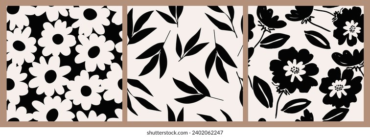 Set of flower seamless background. Minimalistic abstract floral pattern. Modern print in black and white background. Ideal for textile design, wallpaper, covers, cards, invitations and posters.